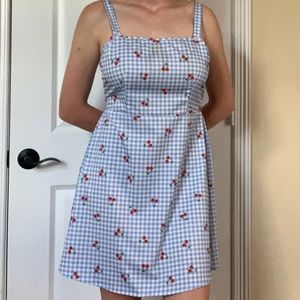DISCONTINUED Shein Cherry Print Blue & White Gingham Nylon Mini Dress